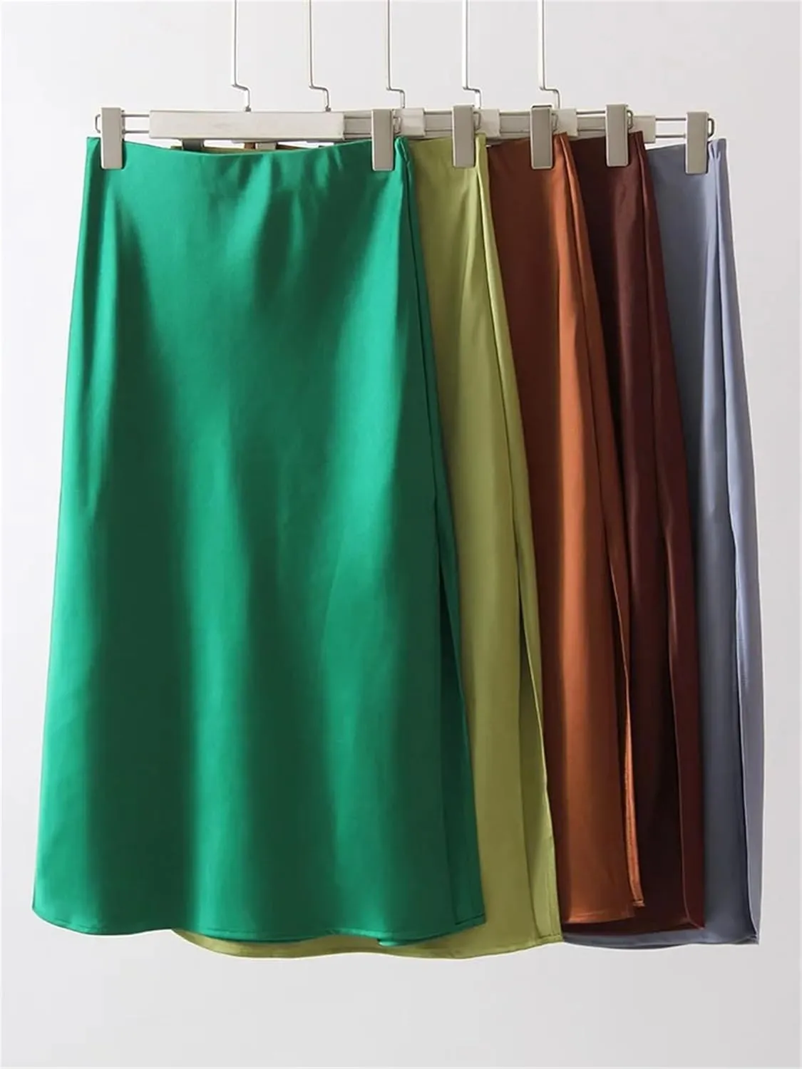 Women Satin Slit Skirts Midi A Line Skirts Formal Office Women's Midi Skirts