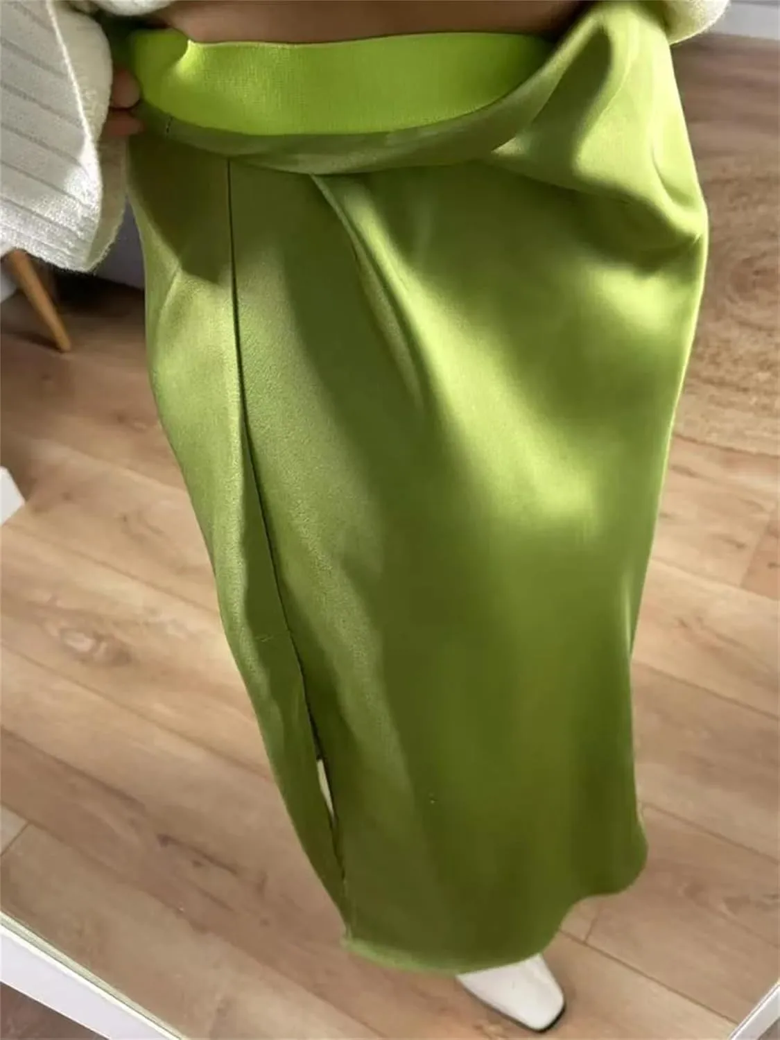 Women Satin Slit Skirts Midi A Line Skirts Formal Office Women's Midi Skirts