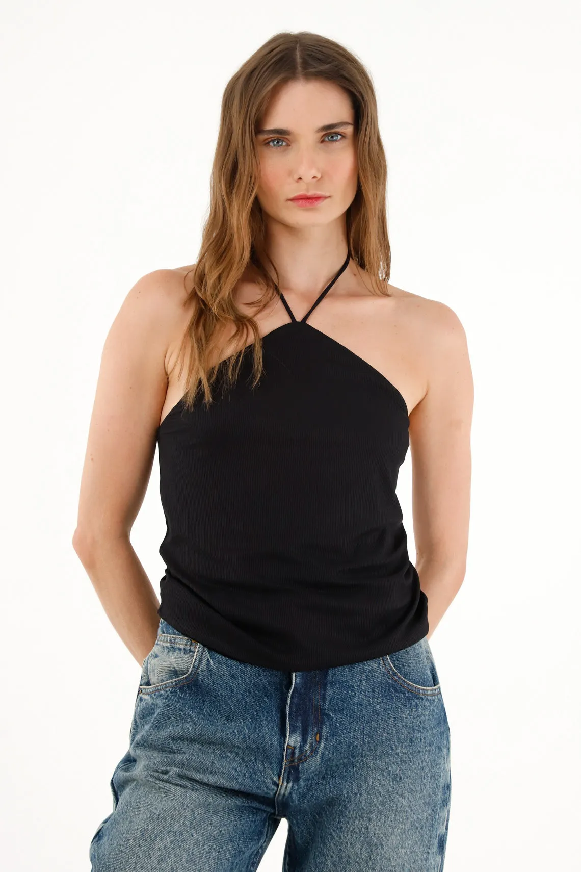 Women's black halter neck tank top