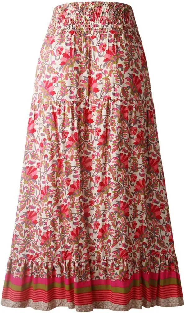Women's Boho Elastic High Waist A Line Maxi Skirt Holiday Beach Ruffle Irregular Floral Skater Skirts