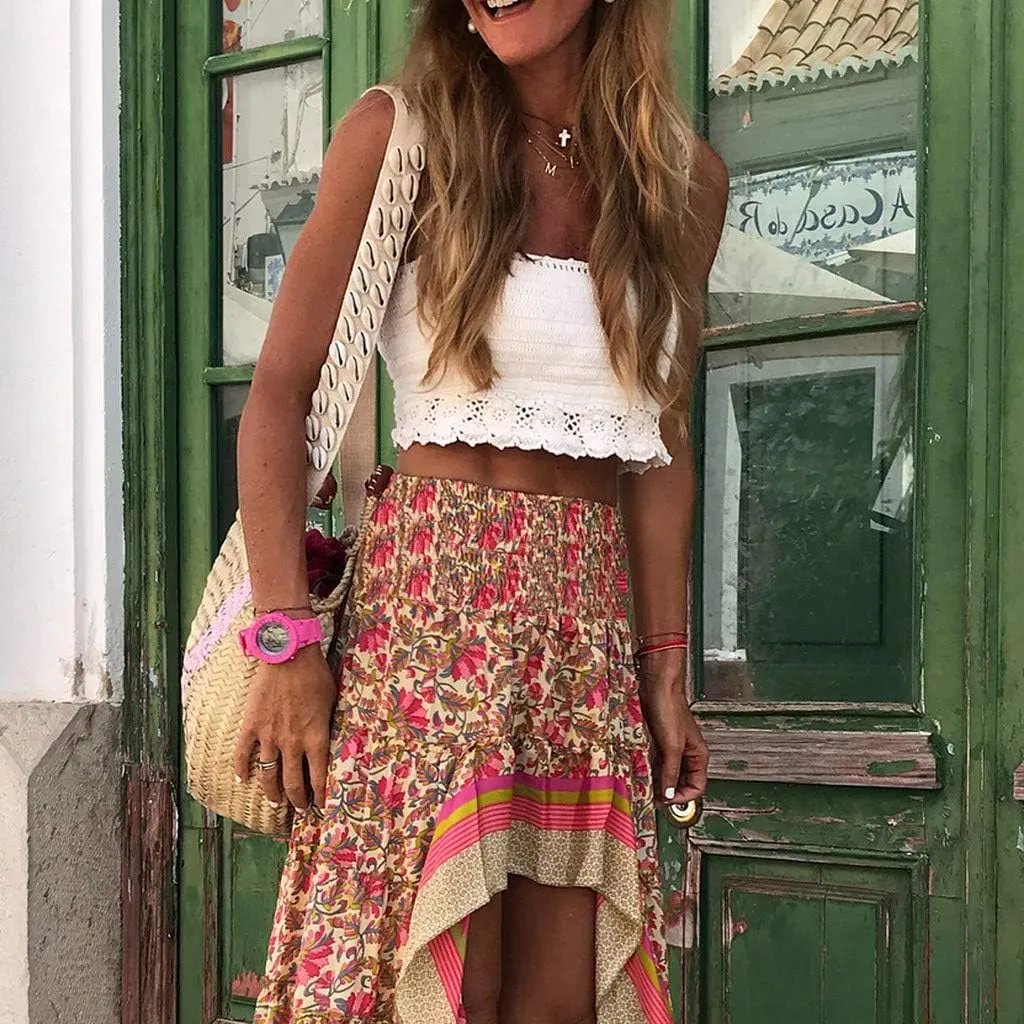 Women's Boho Elastic High Waist A Line Maxi Skirt Holiday Beach Ruffle Irregular Floral Skater Skirts