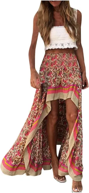 Women's Boho Elastic High Waist A Line Maxi Skirt Holiday Beach Ruffle Irregular Floral Skater Skirts