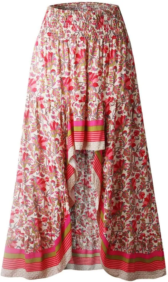Women's Boho Elastic High Waist A Line Maxi Skirt Holiday Beach Ruffle Irregular Floral Skater Skirts