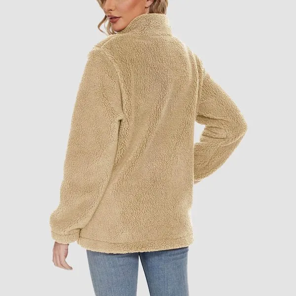 Women's Fuzzy Sherpa Jacket - Full-Zip Warm Fleece Teddy Coat with Zipper Pockets