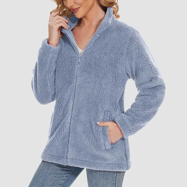 Women's Fuzzy Sherpa Jacket - Full-Zip Warm Fleece Teddy Coat with Zipper Pockets