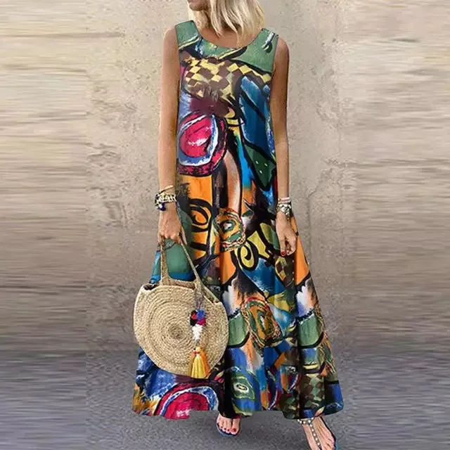 Women's Maxi Dress - Sleeveless Relaxed Fit - Round Neck - Flowy Lightweight Fabric