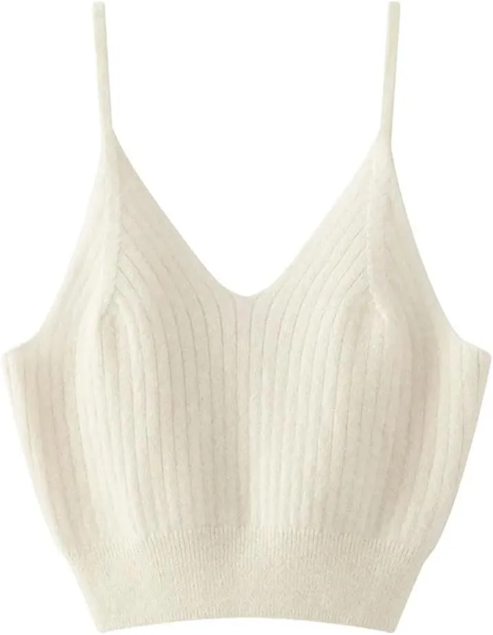 Women's Sleeveless Solid Cashmere Tank Tops Sexy Short Solid Soft and Skin Friendly V-Neck Camisole