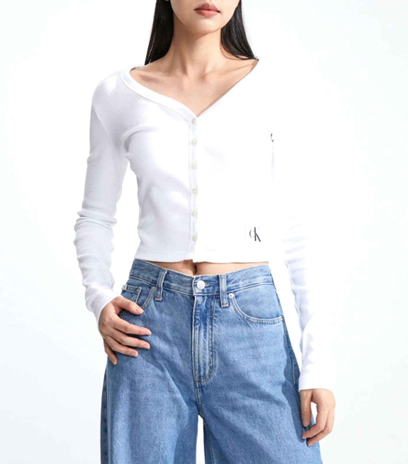 Woven Button V-neck Cardigan Bright White